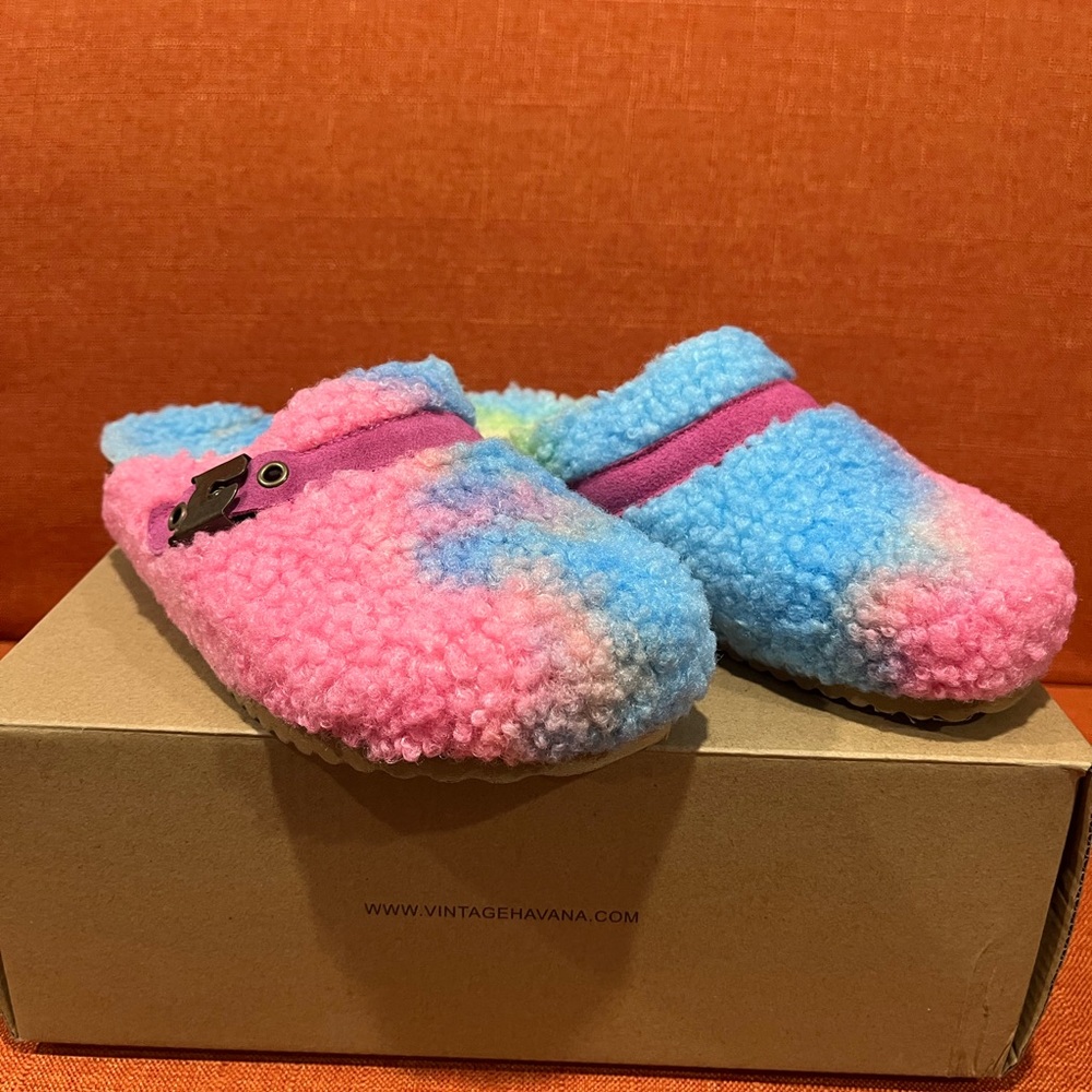 Vintage Havana Pink and Blue Fuzzy clogs